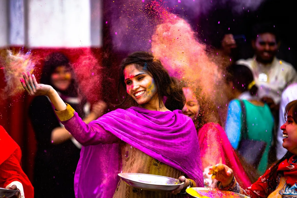 holi, girl, indian, india, dance, fun, paint, festival, woman, colorful, color, holiday, young, female, happy, smiling, culture, bright, traditional, joy, face,