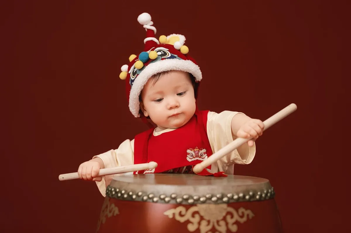 tet, baby, drum, traditional costume, chinese theme, asian child, red, cotton hat, kids, happiness, celebration, pom-pom, toddler, festival, numeric pattern, as