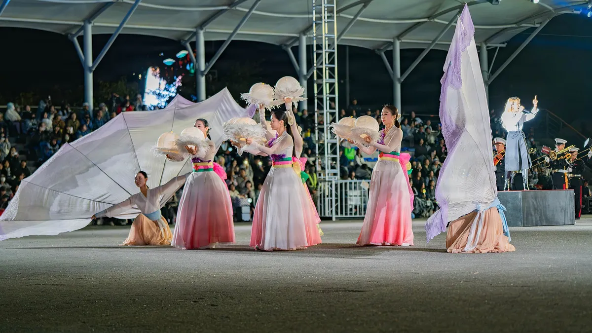 Korean cultural performers entertain attendees during the opening ceremony of the Gyeryong Ground Forces Festival in Gyeryongdae, South Korea, Oct. 1, 2026. The