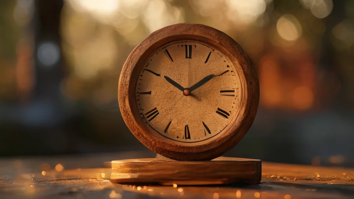 Ein Uhr mit Kork-Oberteil, braunes Holzrahmen, kreisförmiger Design, auf einem Holzständer unter goldenem Licht, flache Schärfe, photorealistisch, scharfe Schärfe, hohe Details