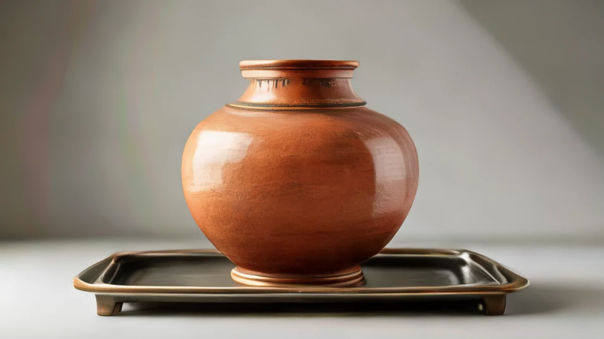 A traditional Rajasthan pot, glazed clay, wide base, tall slender body, on metal tray under softbox lighting, shallow depth of field, photorealistic, sharp