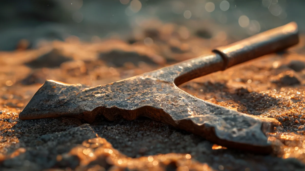Cuchilla de corales en bronce oxidado, afilada y robusta, sobre un fondo de arena, luz lateral cálida, profundidad de campo suave, realismo fotográfico, enfoque neto, detalles altos