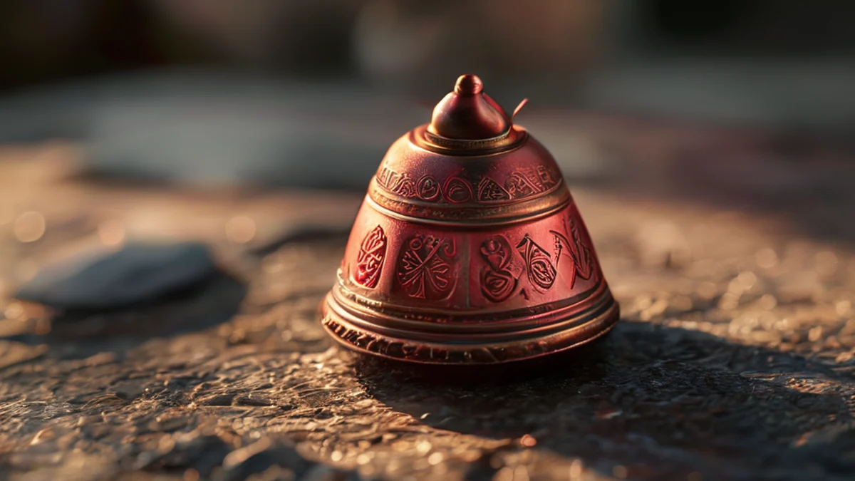 Un cloche de Fukuro en bronze, rouge foncé avec des motifs gravés, reposant sur une surface de pierre lisse, sous une lumière douce, champ de profondeur faible, réalisme photo, focus net, détails élevés