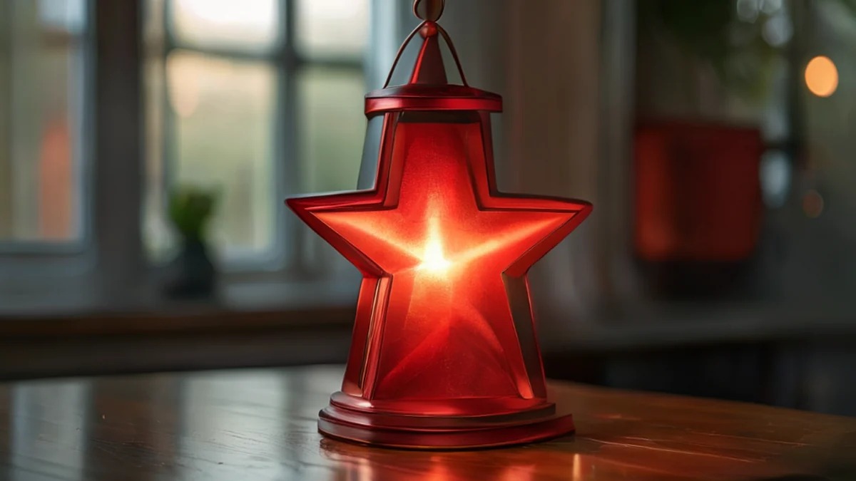 Une lanterne à forme étoilée, décorée de motifs détaillés, qui luit doucement dans l'obscurité.