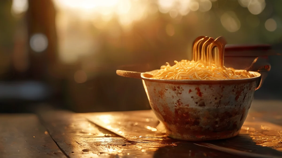 Un contenitore con diversi tipi di noodles e ingredienti.