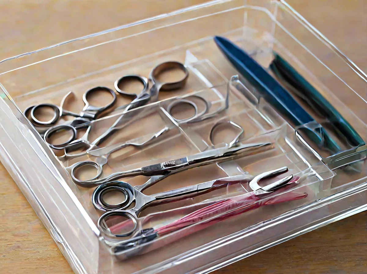 Scharen, nagelvijlen en nagelknippers georganiseerd in een manicure houder