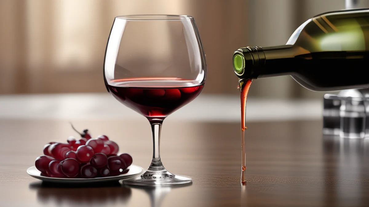 Um copo claro contém um líquido que mostra a cor e textura do vinho.