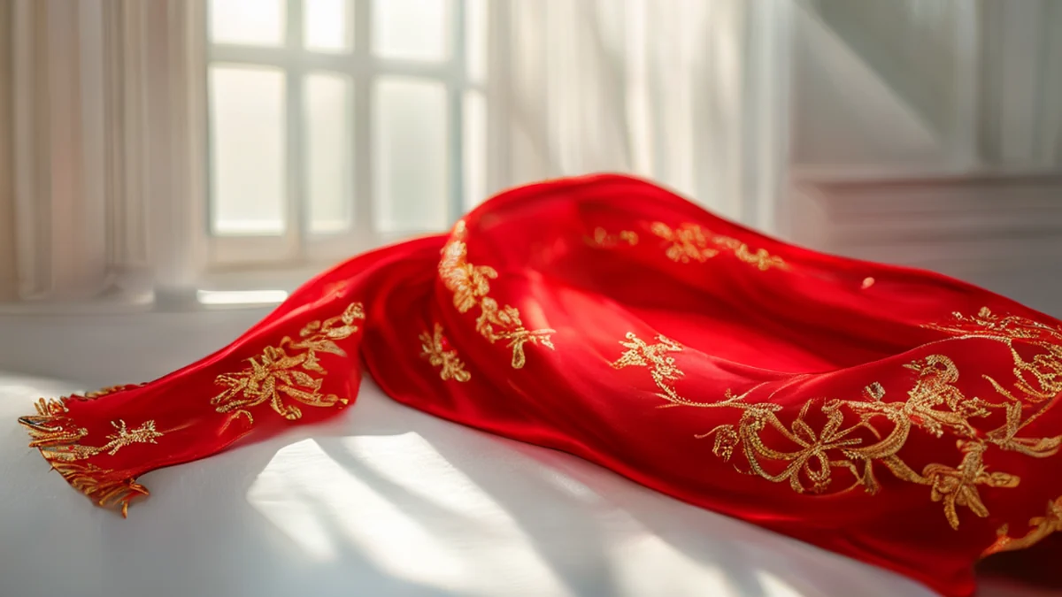 Ein lebhaft roter Karneval-Strick, goldener Stickerei, diagonal fließend über ein weißes Tablett unter sanftem Fensterlicht, flache Schärfe, photo-realistisch, scharfe Schärfe, hohe Details