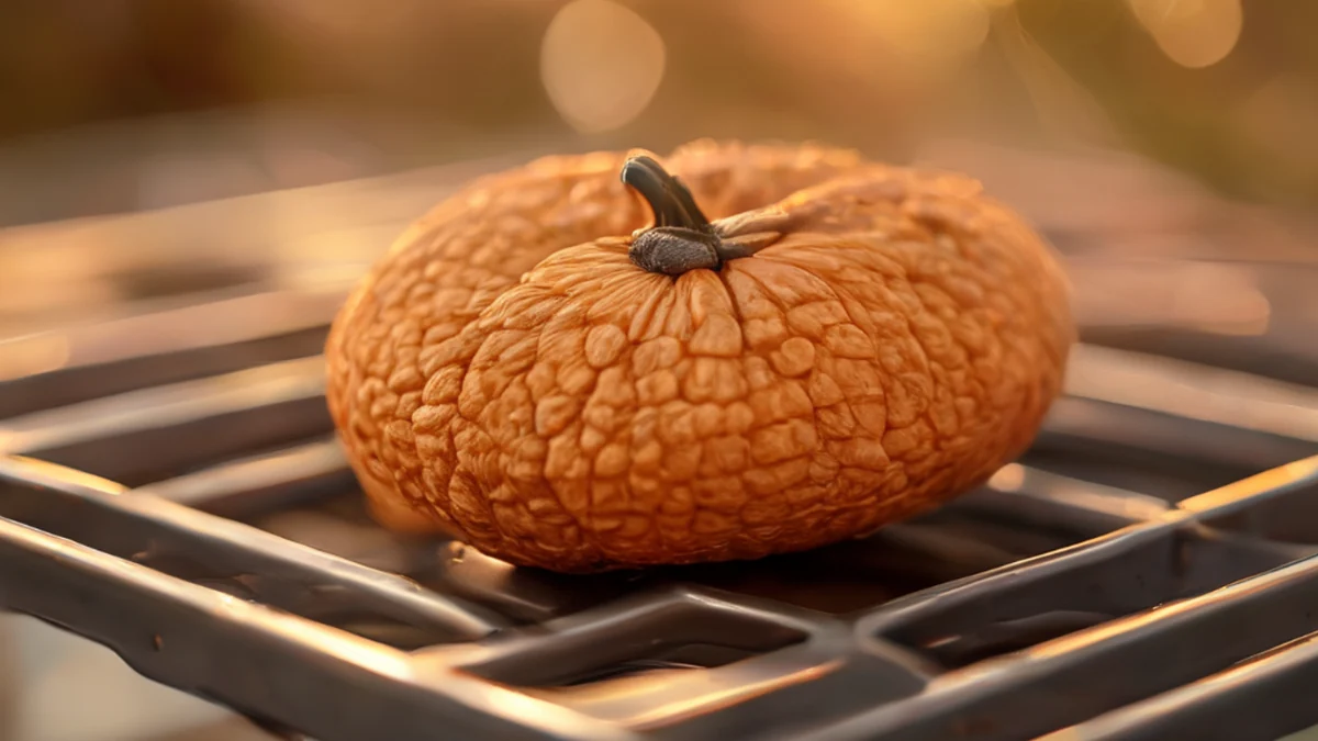 Pumpkin seed, tan color, rough texture, oval shape, on metal rack, golden hour light, shallow focus, photorealistic, high detail