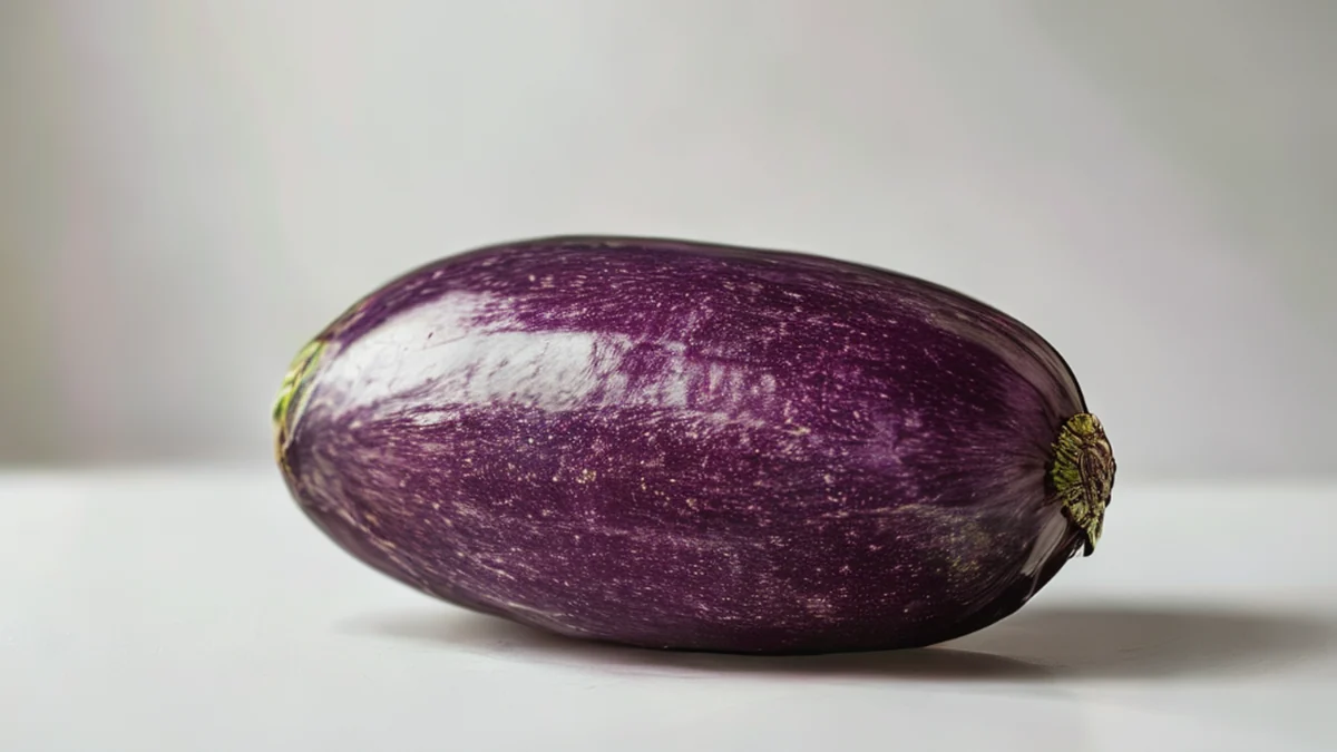 Fruto largo y violeta, con una piel lisa y un interior violeta oscuro.