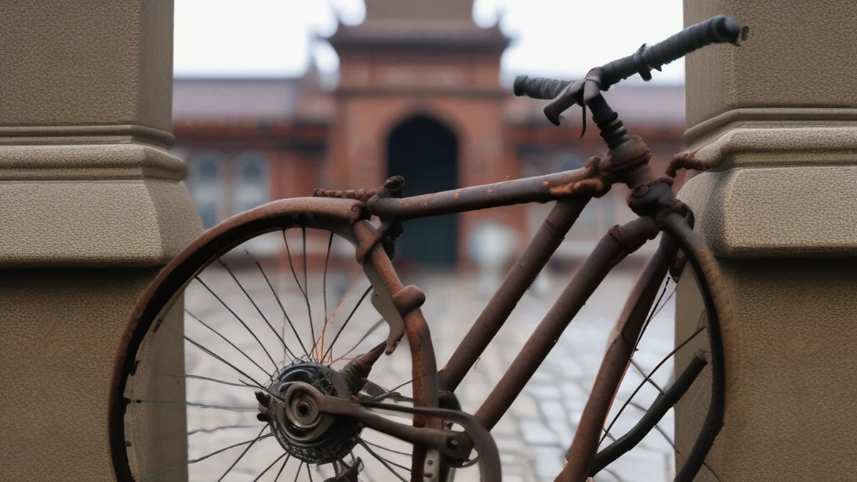 Un ciclismo estacionado frente a un templo, rodeado de estatuas y autels.