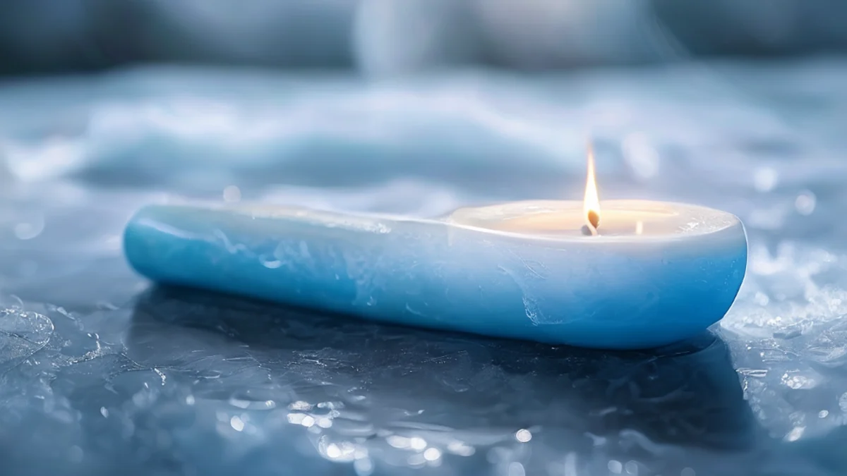 Candelle arctique : bougie blanche, ronde, avec un cierge bleu.