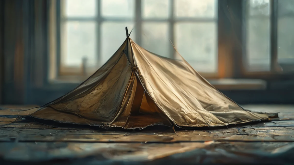 단일, 흔들리는 캠핑 트ENT, 캔버스와 녹은, 평범한 나무 테이블 위, 부드러운 창가 빛, 얕은 포커스, 초현실적인, 뚜렷한 초점, 높은 세부도