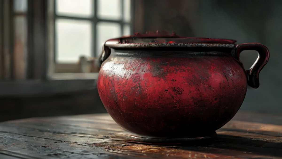 Een grote, roestige, cilindrische, kookpot met handvat, zwart metaal, diepe rode binnenkant, op een houten tafel onder zachte ramenlicht, zacht scherpe veld, fotorealistisch, scherp focus, hoog detail.