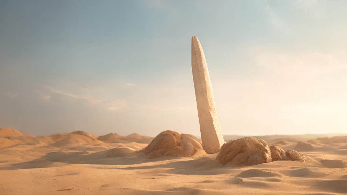 Uma alta, estreita spire de pedra de areia, luz suave da janela, sobre um fundo de areia, profundidade de campo baixa, fotorealista, foco afiado, detalhes altos